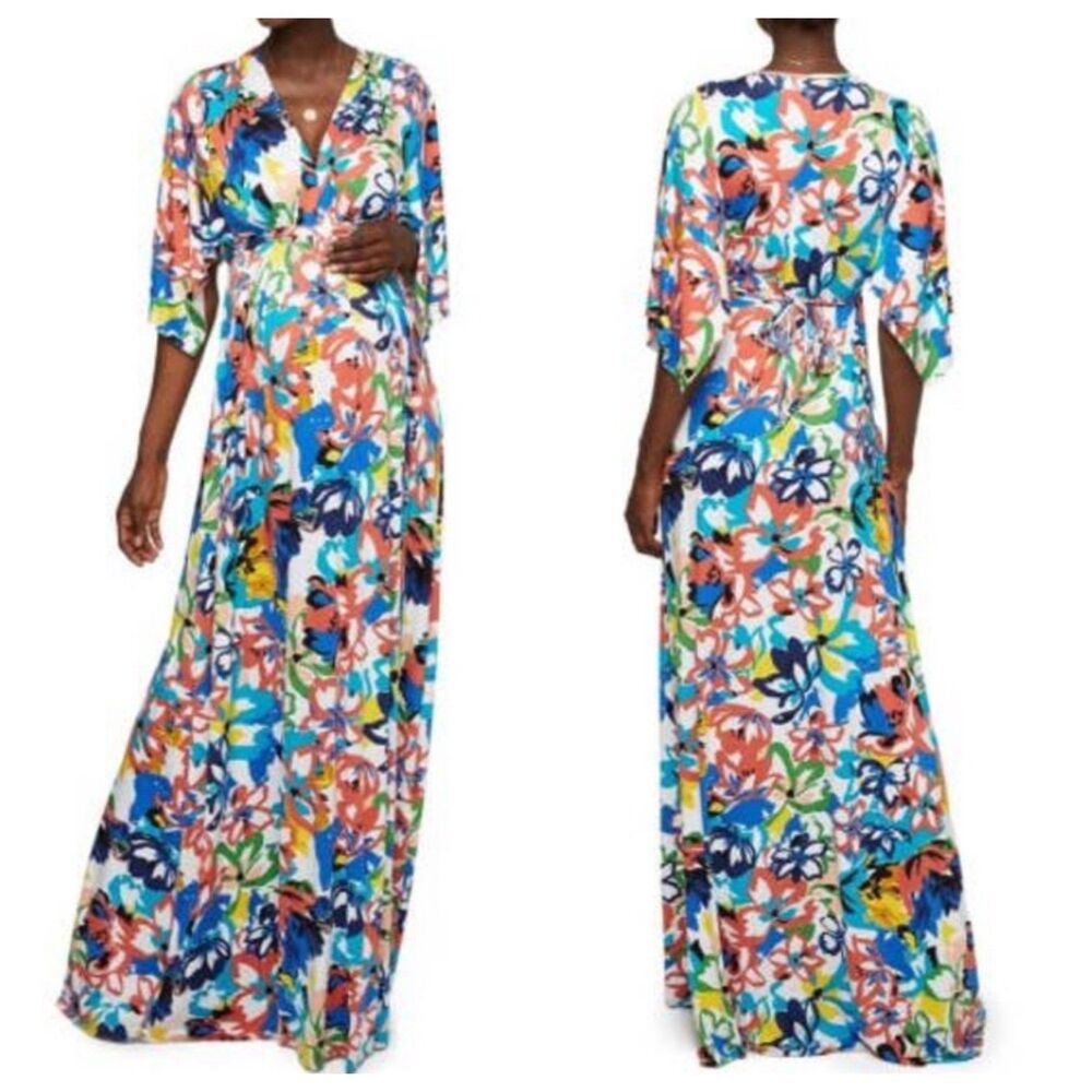 Rachel Pally Flores in Blue Floral Pattern Kimono Sleeve Maxi Dress Plus Sz 2X